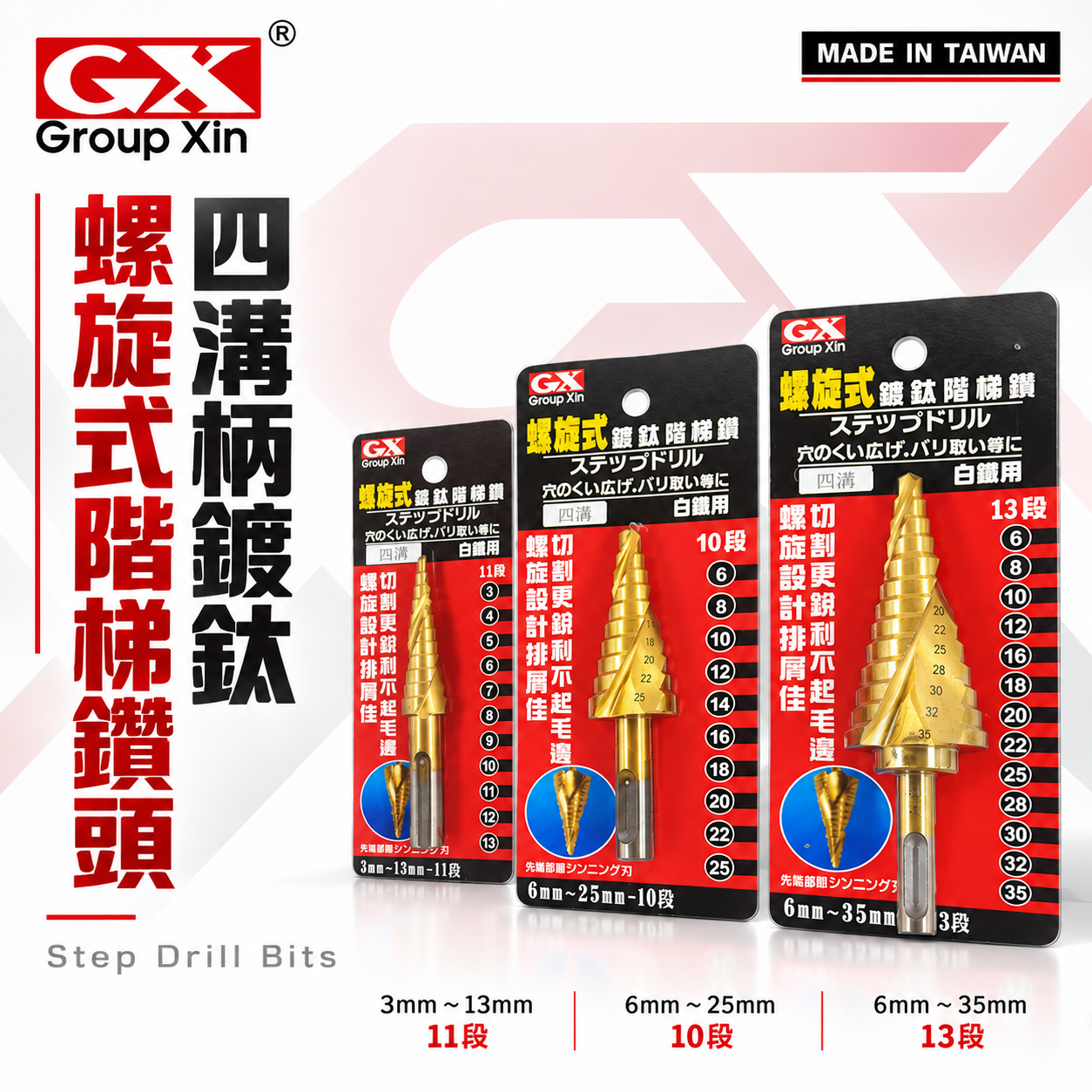 GX 台灣製｜四溝鍍鈦螺旋階梯鑽頭｜HSS 鍍鈦 四溝螺旋｜圓穴鑽 四溝柄螺旋式白鐵用階梯鑽尾 四溝階梯鑽尾