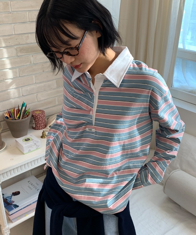 <韓國限時代購> RONRON DOUBLE SHIRRING STRIPE COLLAR LONG SLEEVE