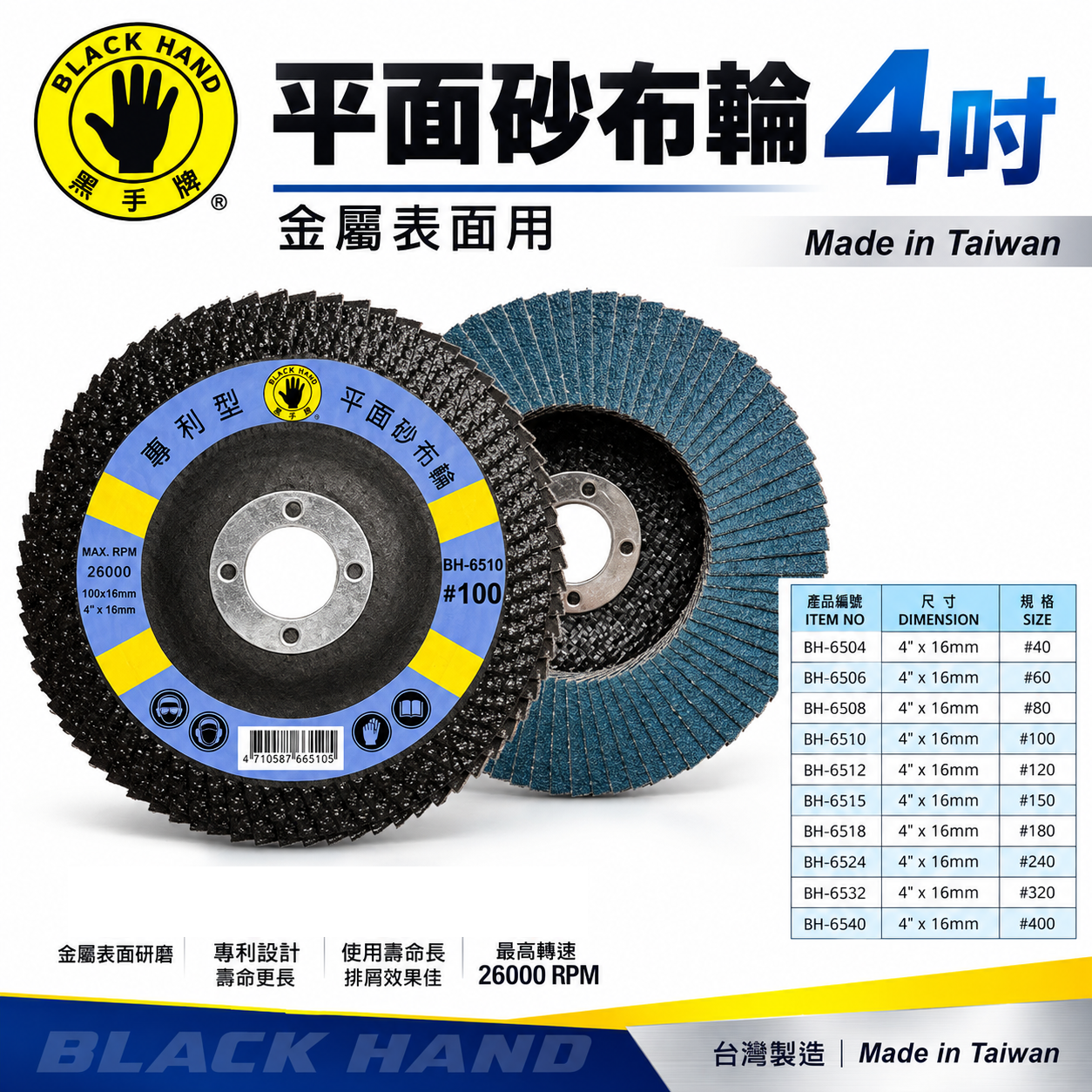 黑手牌｜4" 平面砂布輪 4吋 金屬表面用磨盤 不銹鋼金屬石材磨木頭 金屬表面研磨 除銹磨片 除漆用｜台灣製