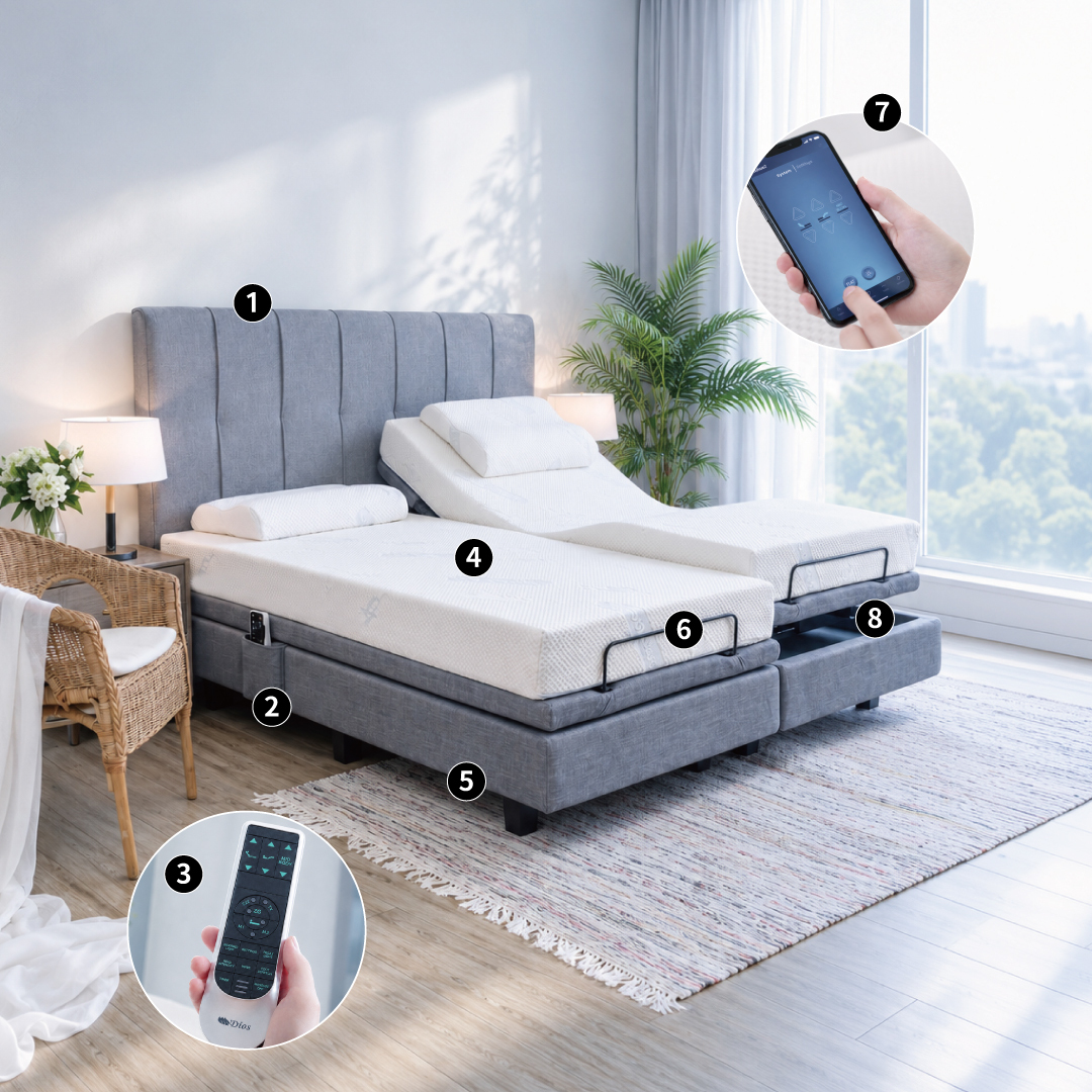 迪奧斯北極星 AI 智能電動床 R600S 商品介紹總覽：AI遙控器、APP連線、完美床腳、床檔加固、床邊地燈、德國OKIN馬達、高密度乳膠床墊、典雅床頭板