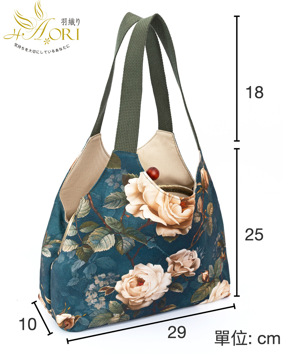 玫瑰花園口金肩背包尺寸：包身寬29、高25、厚10公分，提帶上方垂直高度18公分