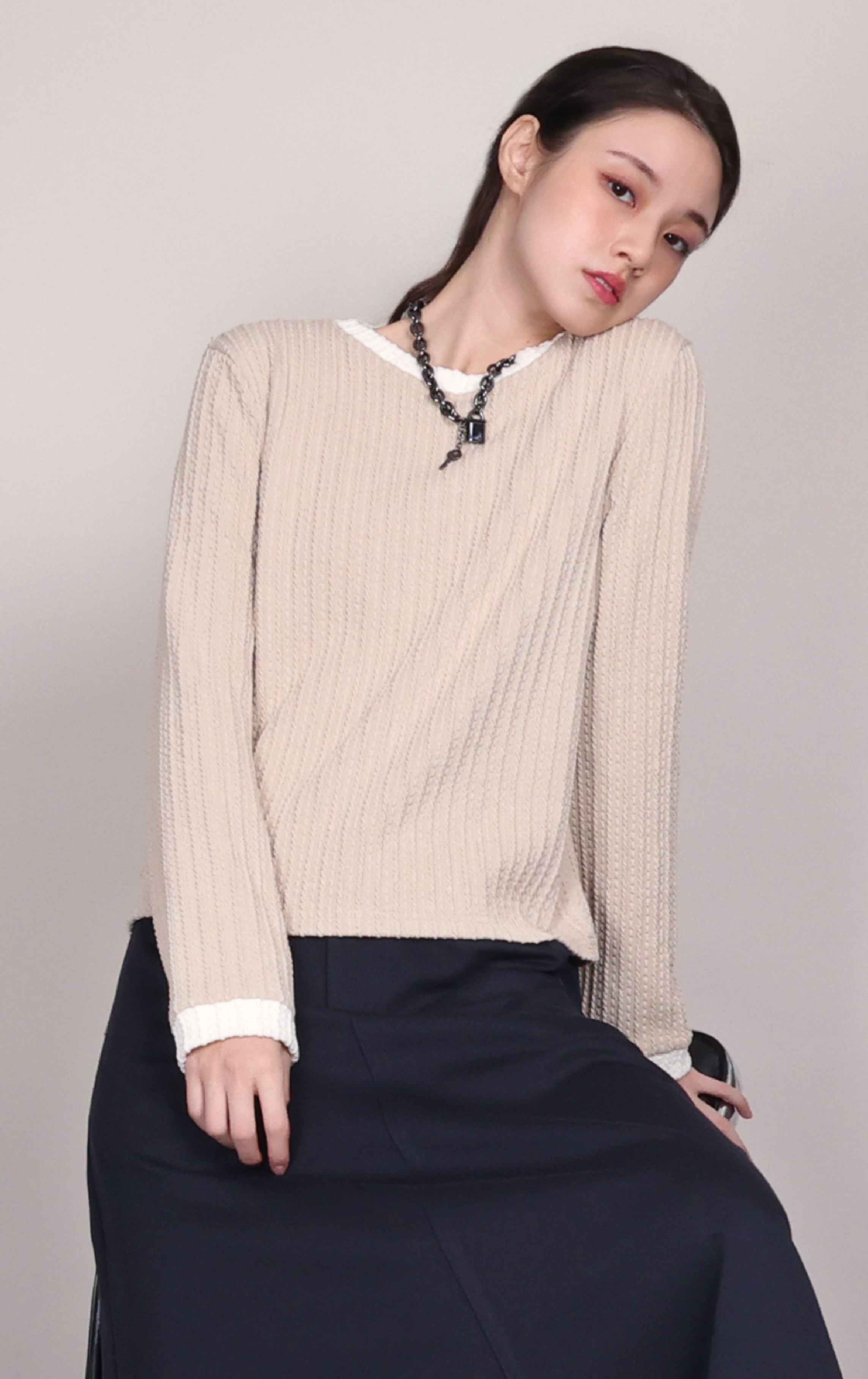 Two-Tone Ribbed Mixed Media Knitwear LT0379