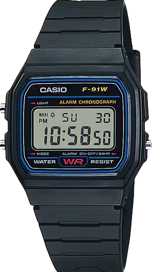 萬年鐘錶 - CASIO  復古輕薄方形經典電子錶 F-91W-1 錶徑35.2MM