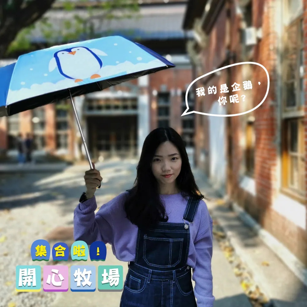 企鵝圖案輕折傘戶外實撐展示，藍色傘面搭配黑色防曬內層