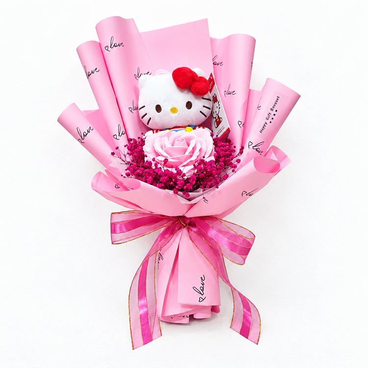 情人節花束,可愛Hello Kitty玩偶粉色愛心玫瑰滿天星花束