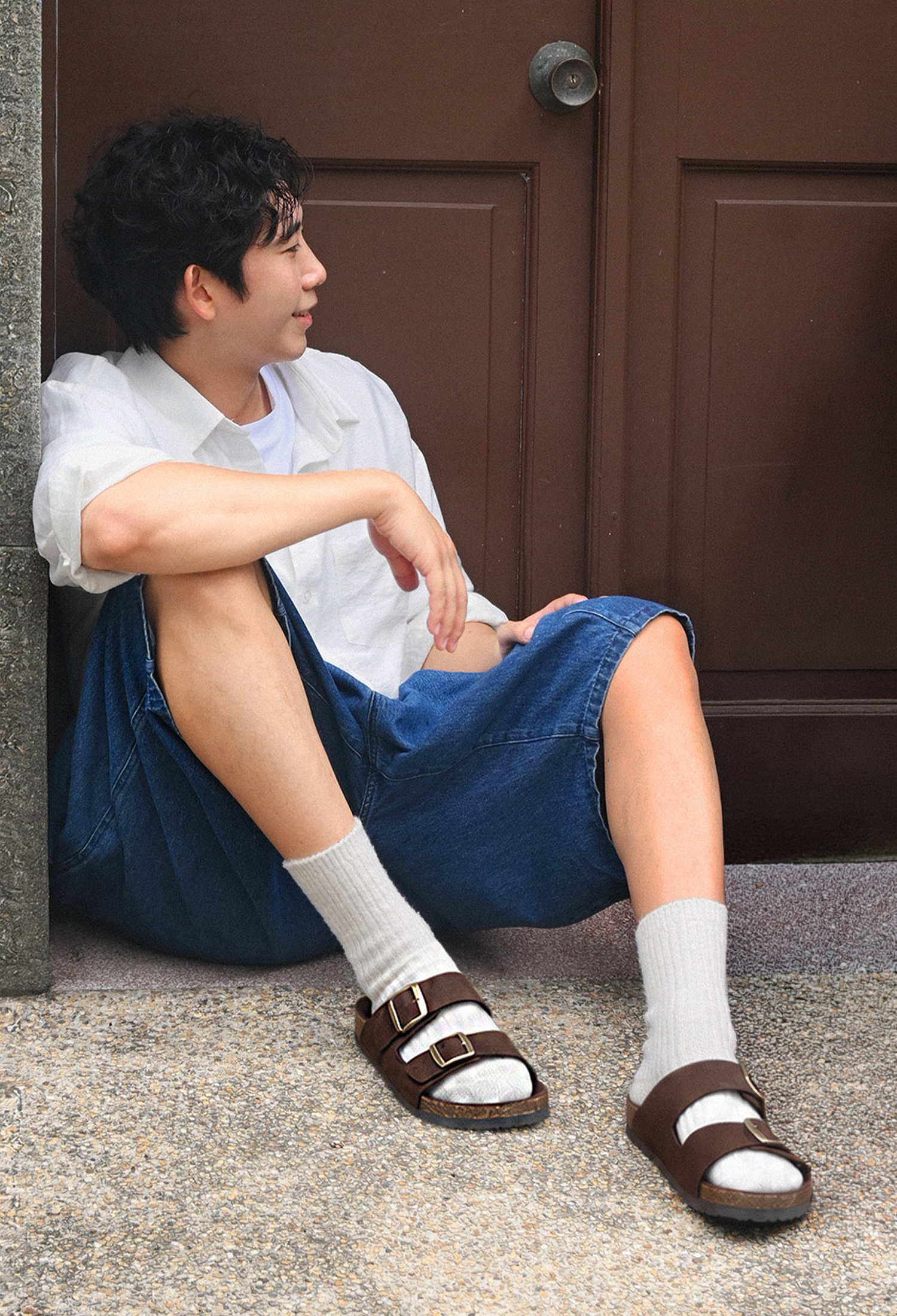 【男款】細絨麂皮雙帶涼拖 黑巧