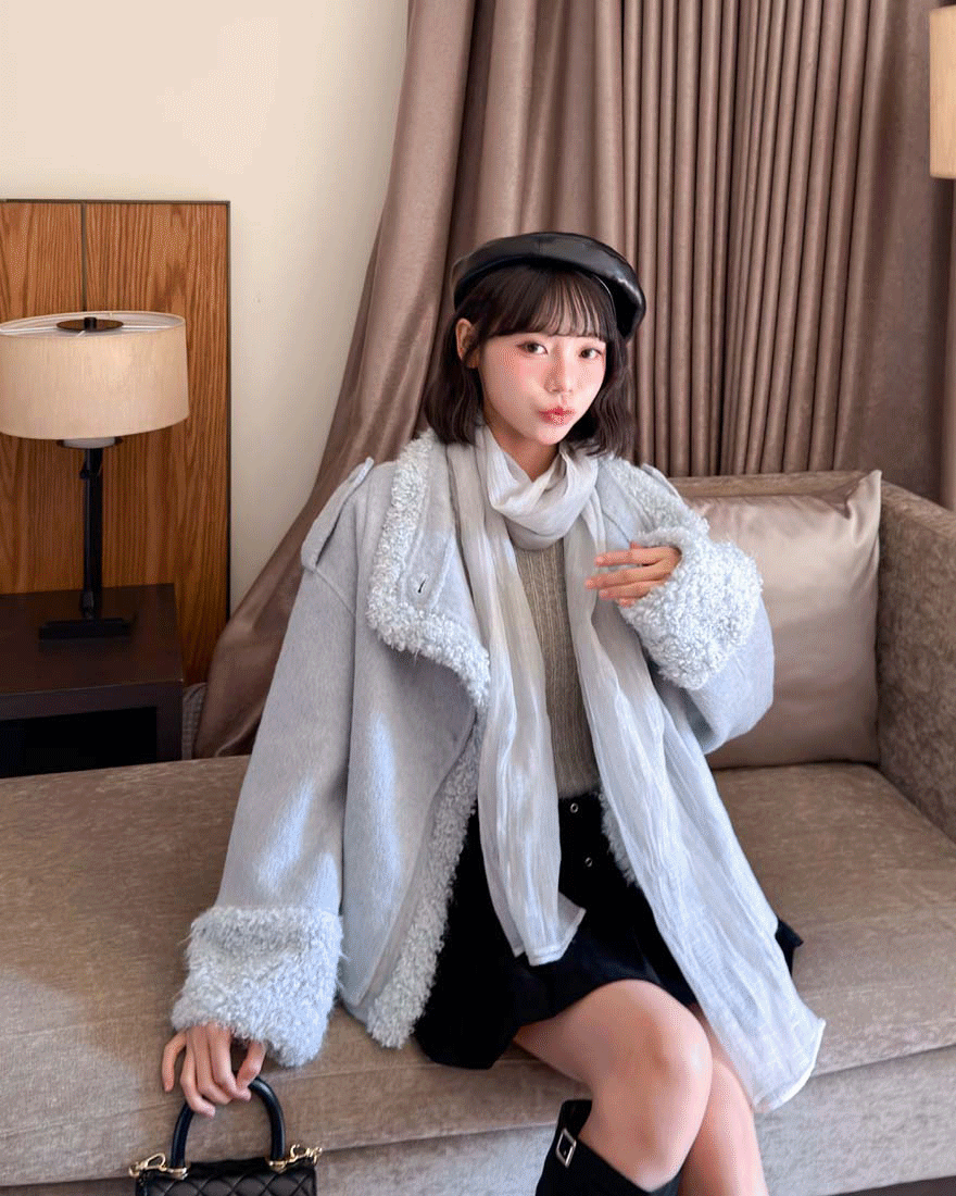 LINA LINA羊毛100%首爾冬季羊羔毛滾邊羊毛外套-質感藍