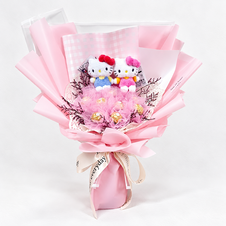 情人節與畢業禮物推薦:雙Hello Kitty玩偶金莎巧克力花束包裝