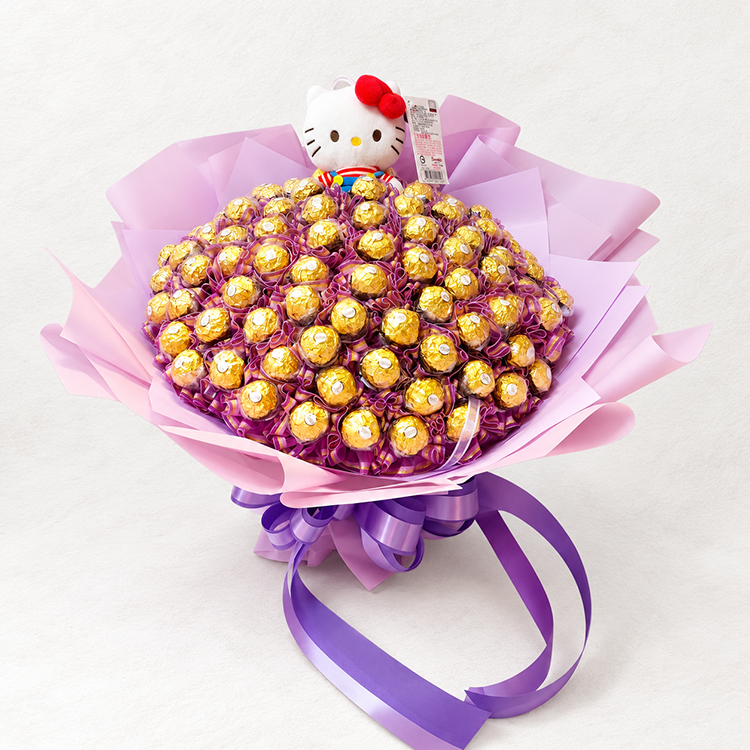 Hello Kitty 100顆金莎巧克力花束,粉紫色包裝設計,情人節、生日、畢業與告白送禮推薦