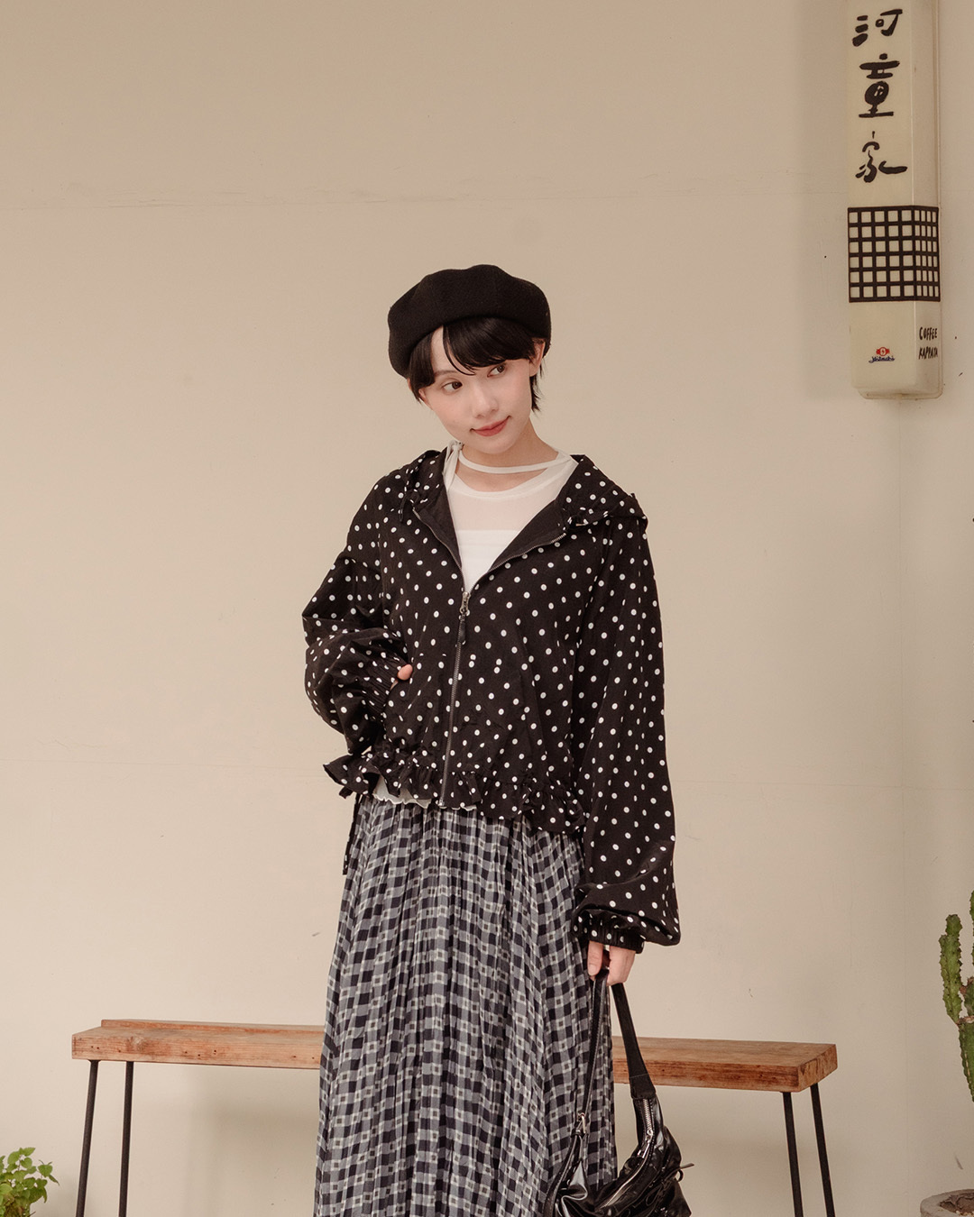 Color-Block Polka-Dot Ruffled Drawstring Hooded Windbreaker - Black【02071730】in stock+pre-order