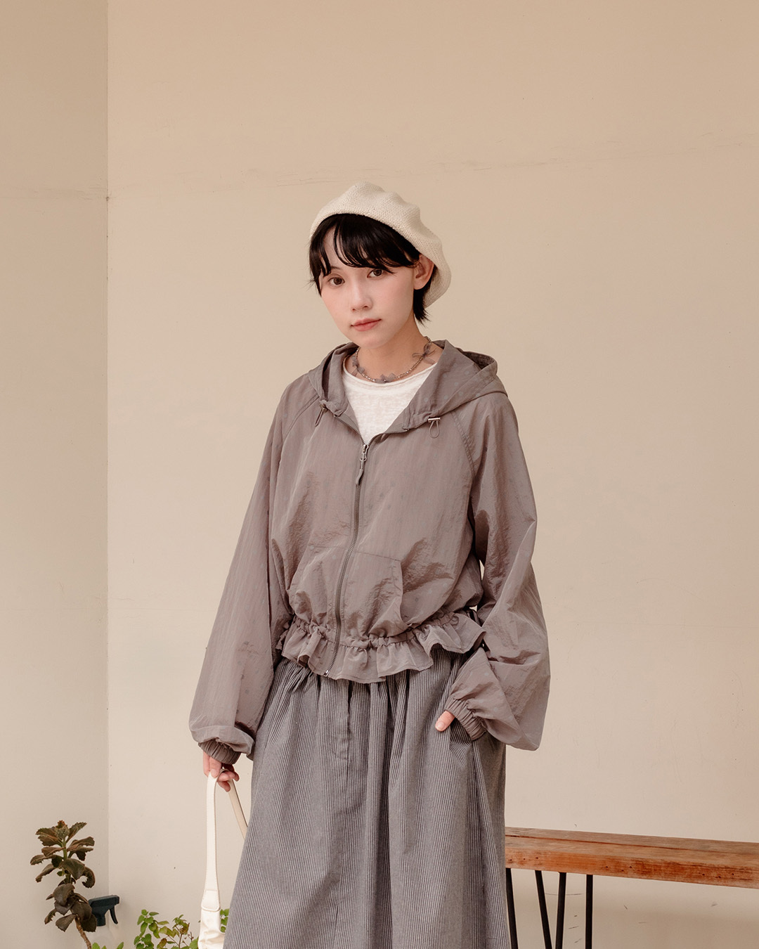 Color-blocked polka dot ruffled drawstring hooded jacket - dark gray【02071729】in stock+pre-order