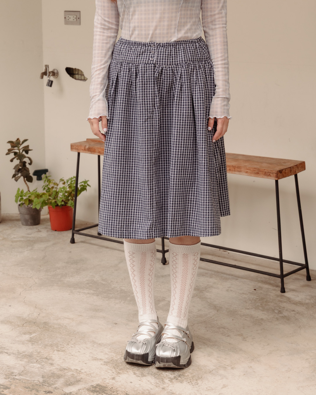 Front-button striped/checkered midi skirt, available in two colors.【03030284】in stock+pre-order