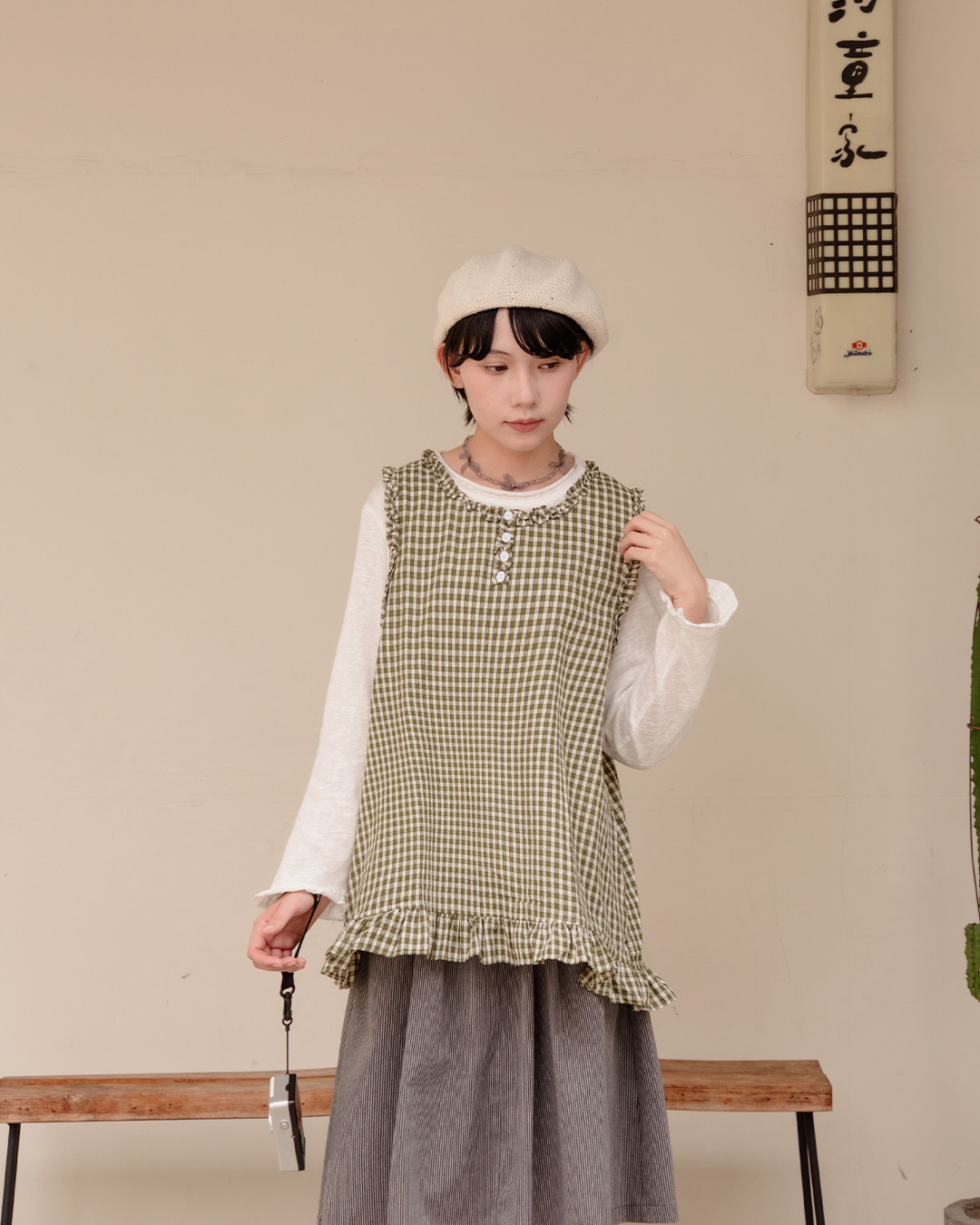 Checkered ruffle two-piece vest top - green【01140112】in stock+pre-order