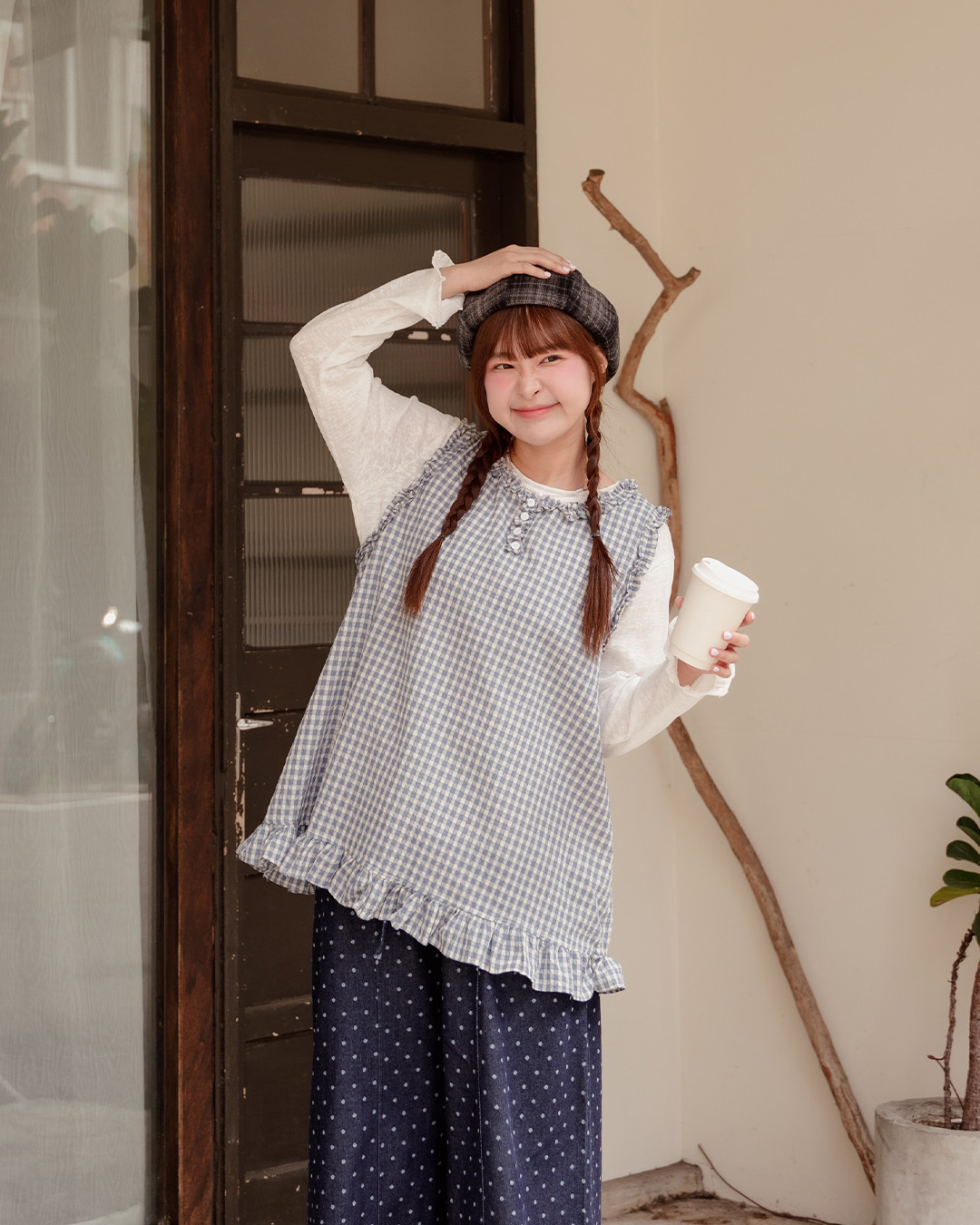 Checkered ruffle two-piece vest top - blue【01140113】in stock+pre-order