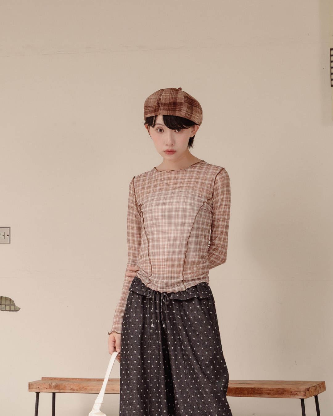 Checkered ruffled sheer top, available in three colors, S/M【01099956】in stock+pre-order