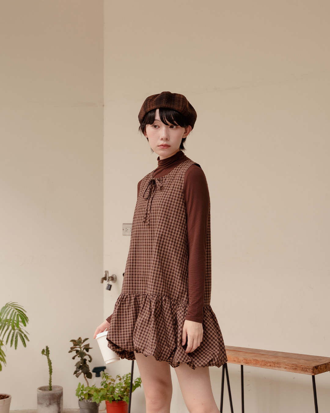 Plaid ribbon-trimmed balloon mini dress【01087387】in stock+pre-order