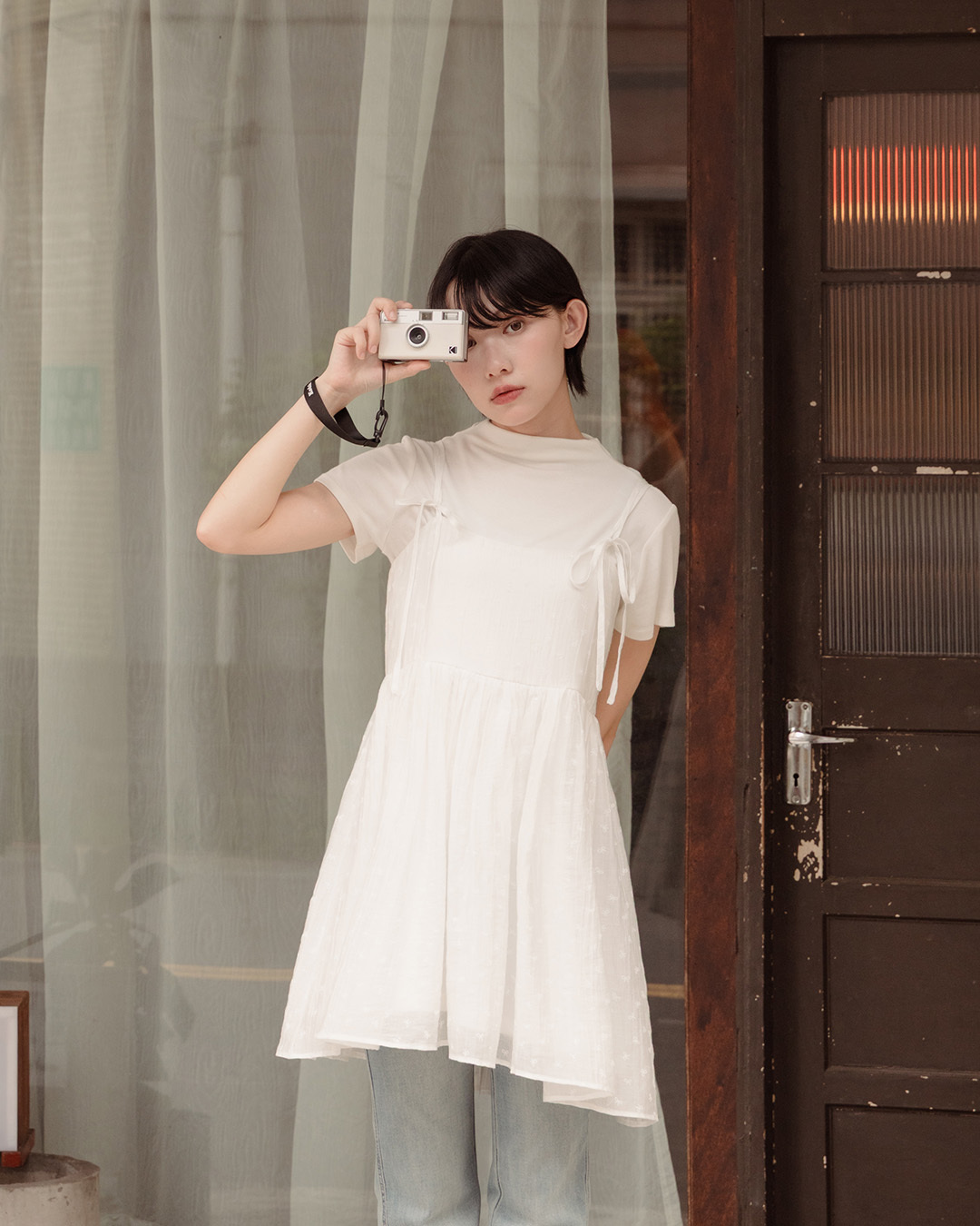 Bow-tie jacquard shoulder strap short dress, available in three colors【01087374】in stock+pre-order