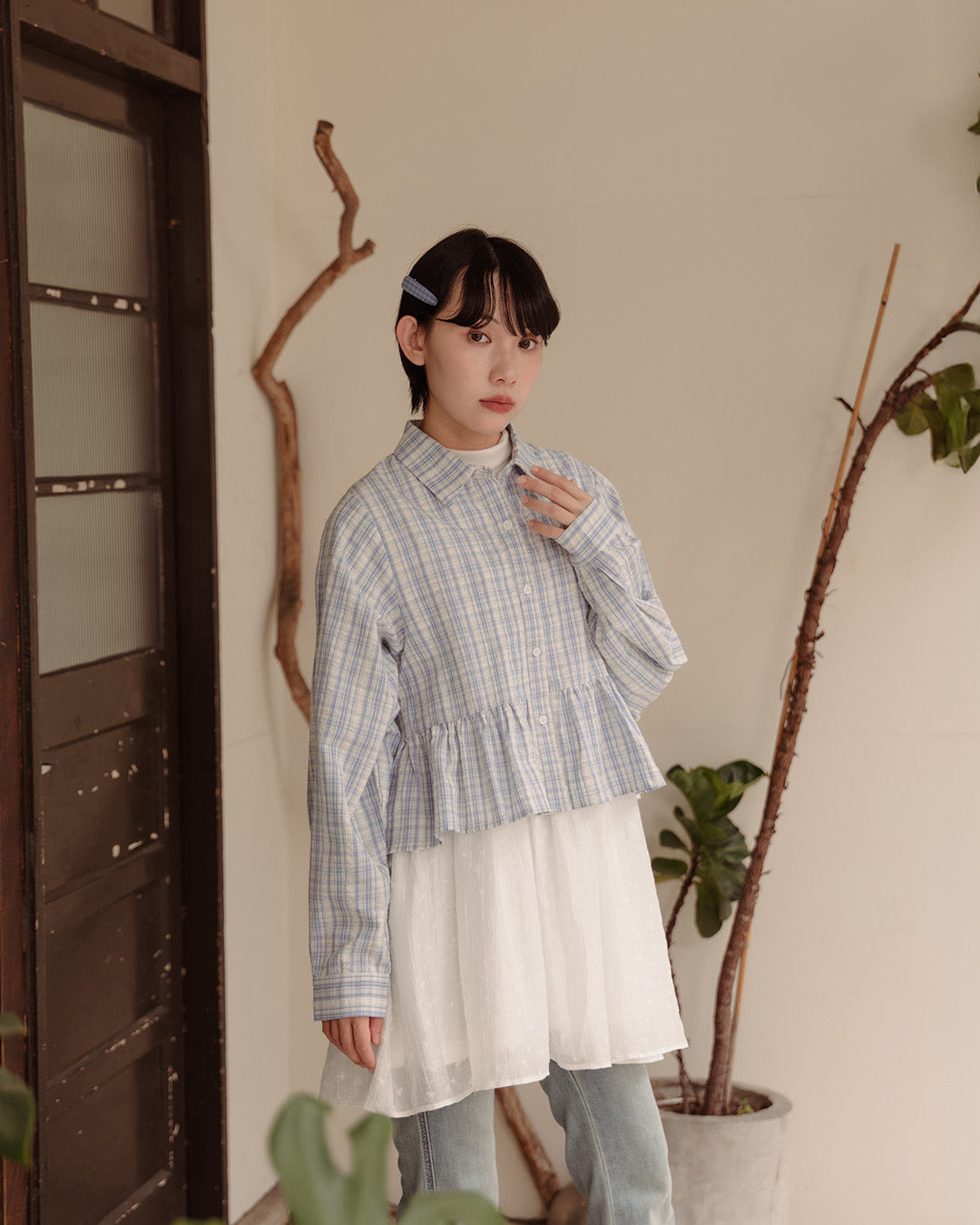 Plaid patchwork flared shirt, available in two colors.【01025861】in stock+pre-order