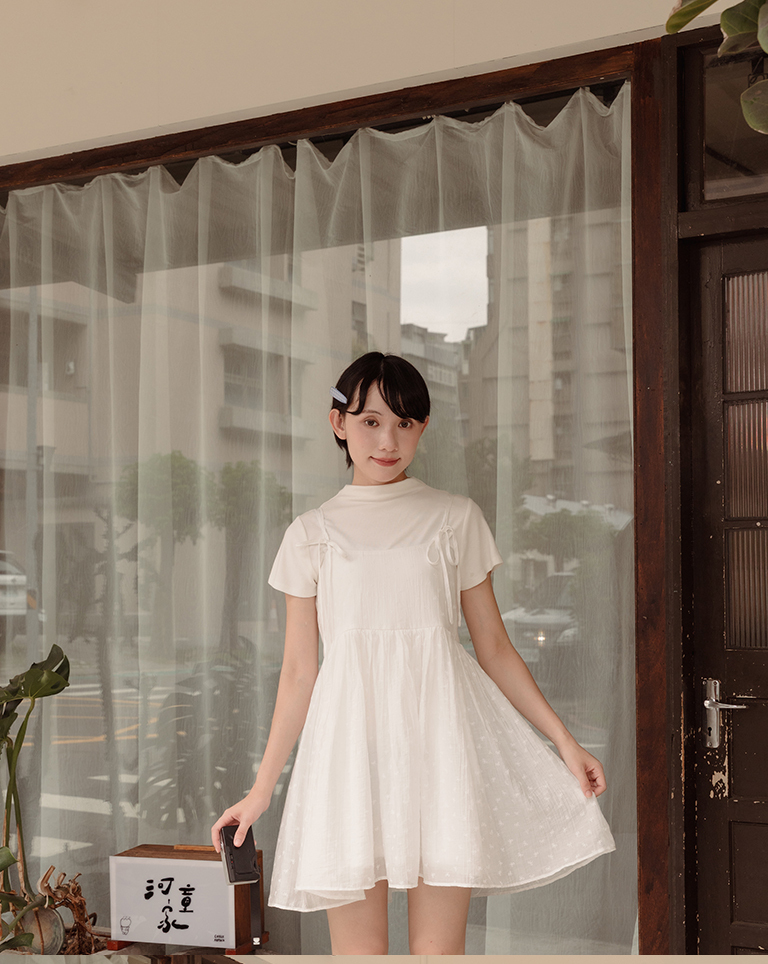 Bow-tie jacquard shoulder strap short dress, available in three colors【01087374】in stock+pre-order