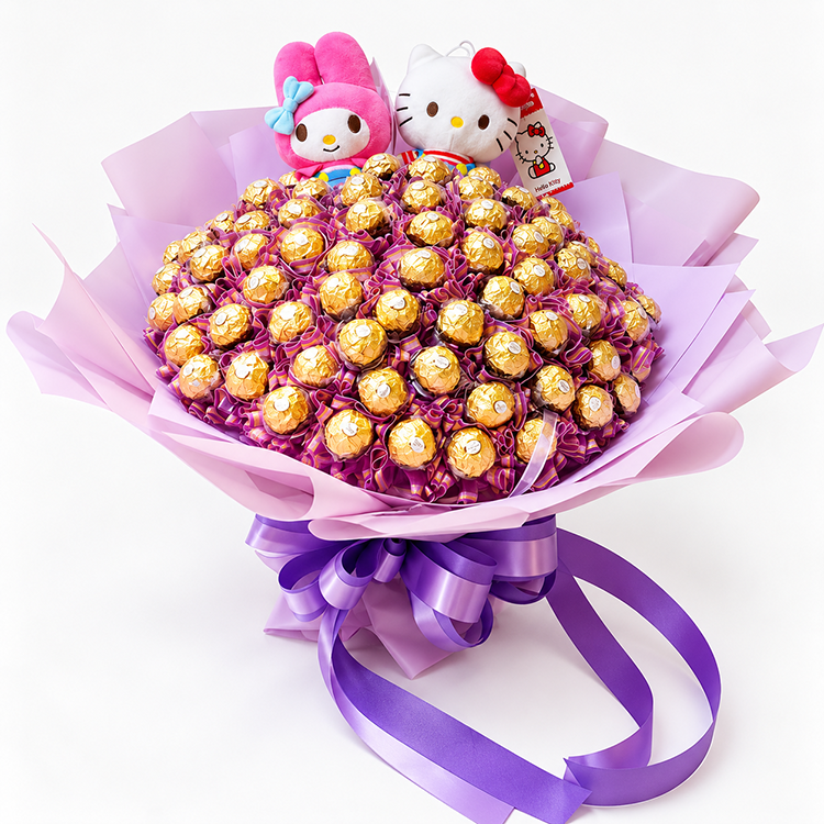 Hello Kitty 100顆金莎巧克力花束,粉紫色包裝設計,情人節、生日、畢業與告白送禮推薦