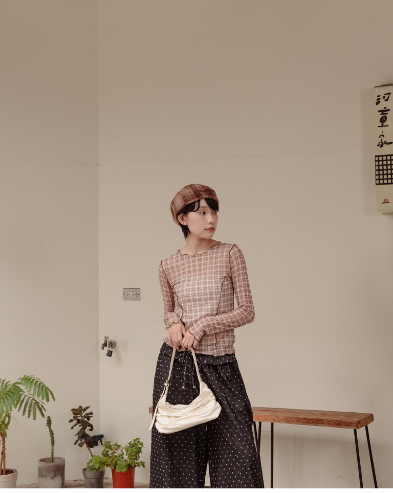Checkered ruffled sheer top, available in three colors, S/M【01099956】in stock+pre-order