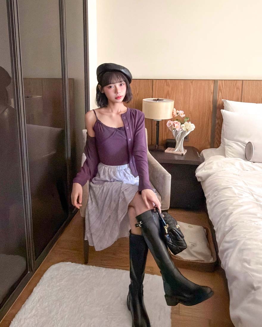 LINA LINA心動調頻蕾絲滾邊背心外套兩件組-迷人紫