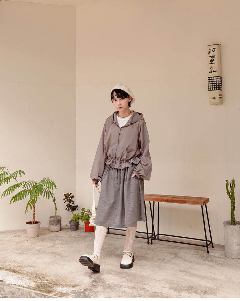 Color-blocked polka dot ruffled drawstring hooded jacket - dark gray【02071729】in stock+pre-order