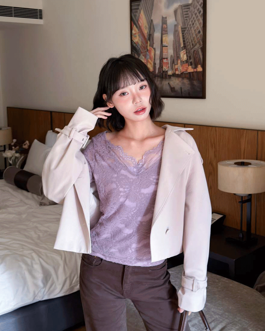 LINA LINA嫣然柔美滿版雕花網紗蕾絲滾邊上衣-浪漫紫