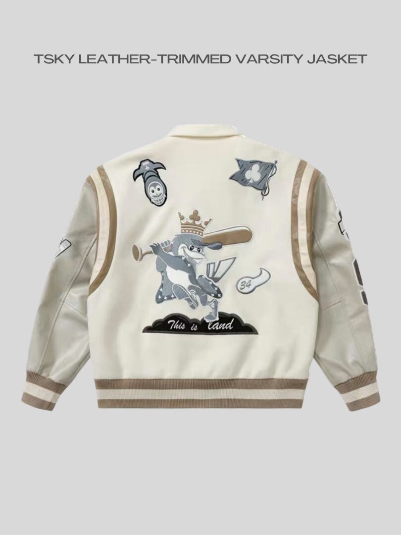 TSKY Embroidered Graphic Leather Patchwork Baseball Jacket