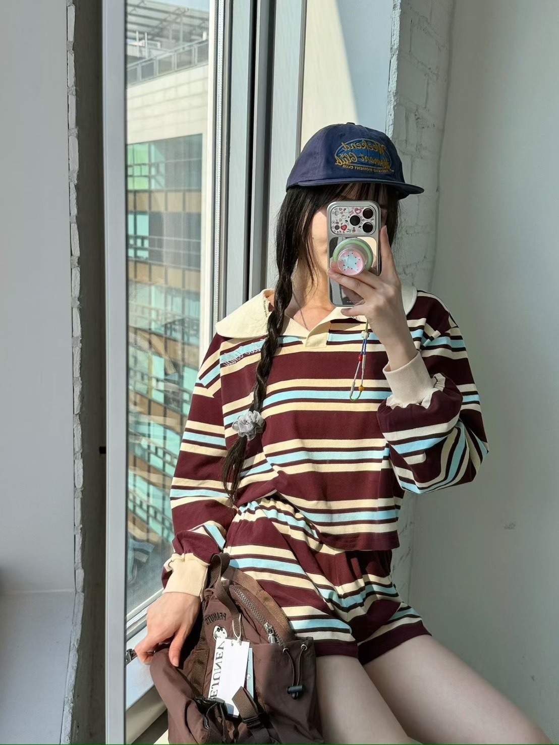 翻領條紋上衣+短褲SET