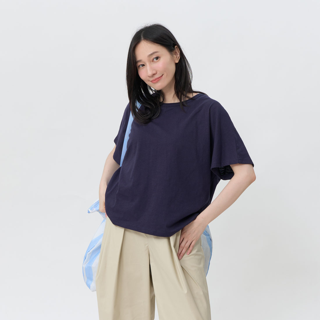 Bamboo Fiber Cotton Drop Shoulder Open Back Top / Dark BLue