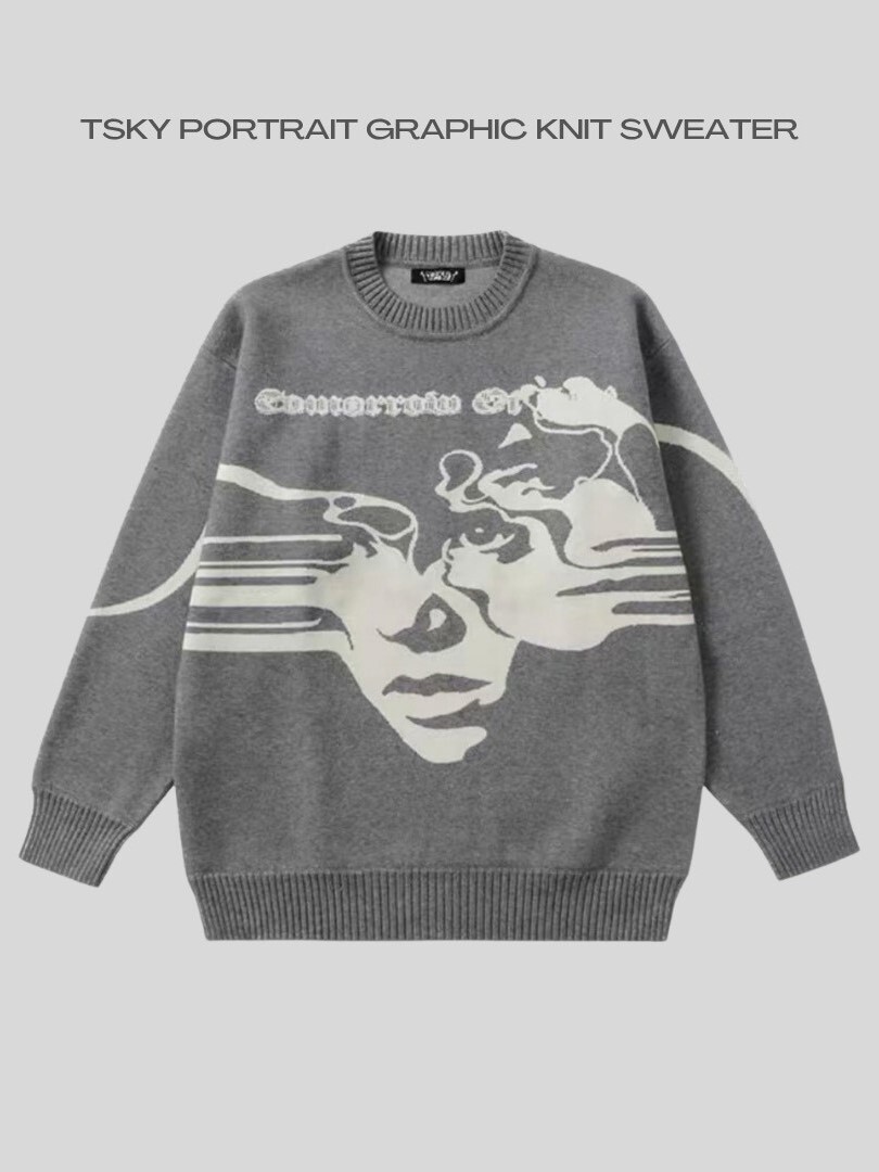 TSKY Double Portrait Pattern Heavyweight Knit Sweater
