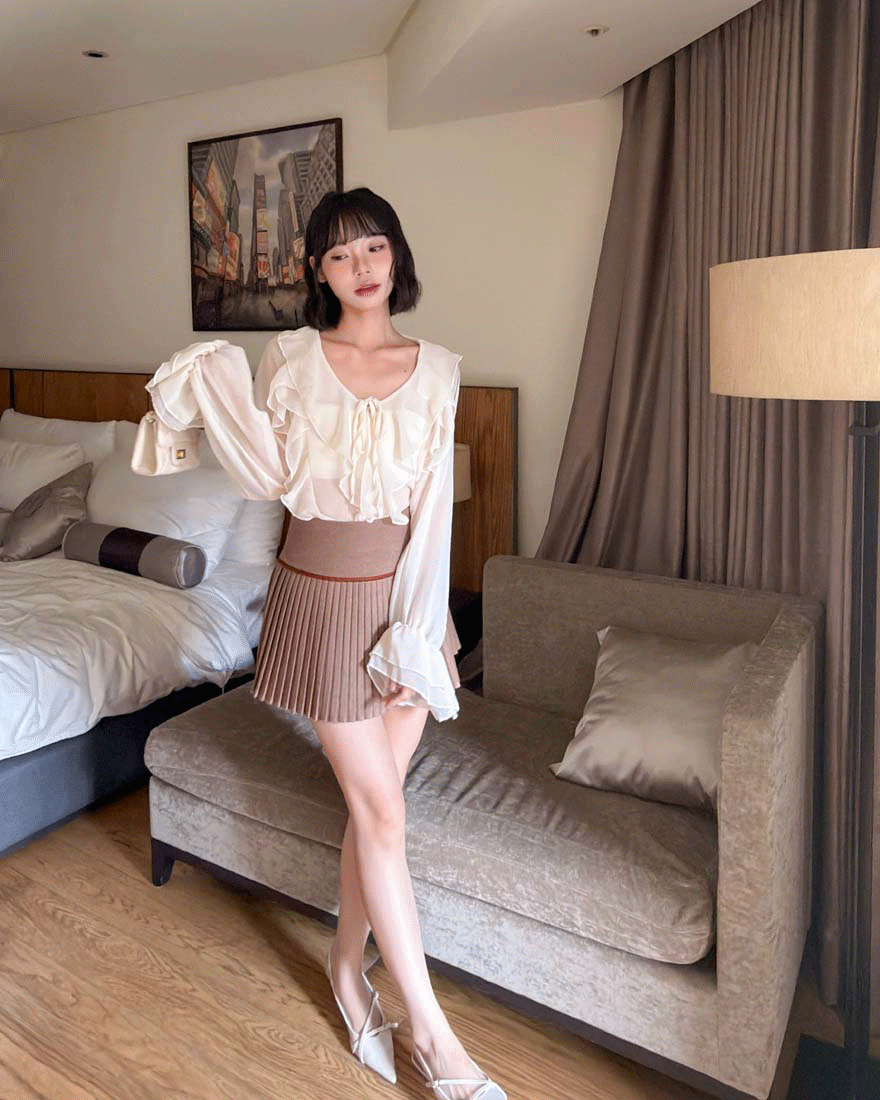 LINA LINA俏麗美高拼色滾邊細百摺褲裙-拿鐵咖S-L