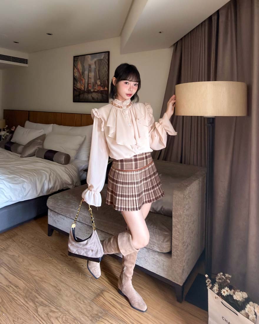 LINA LINA俏麗美高拼色滾邊細百摺褲裙-格紋S-L