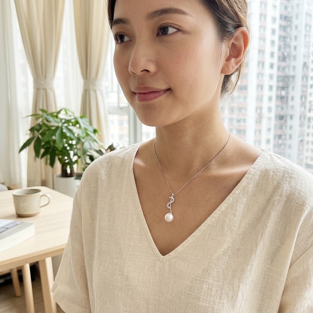 全新18K白金22份鑽石配珍珠吊墜