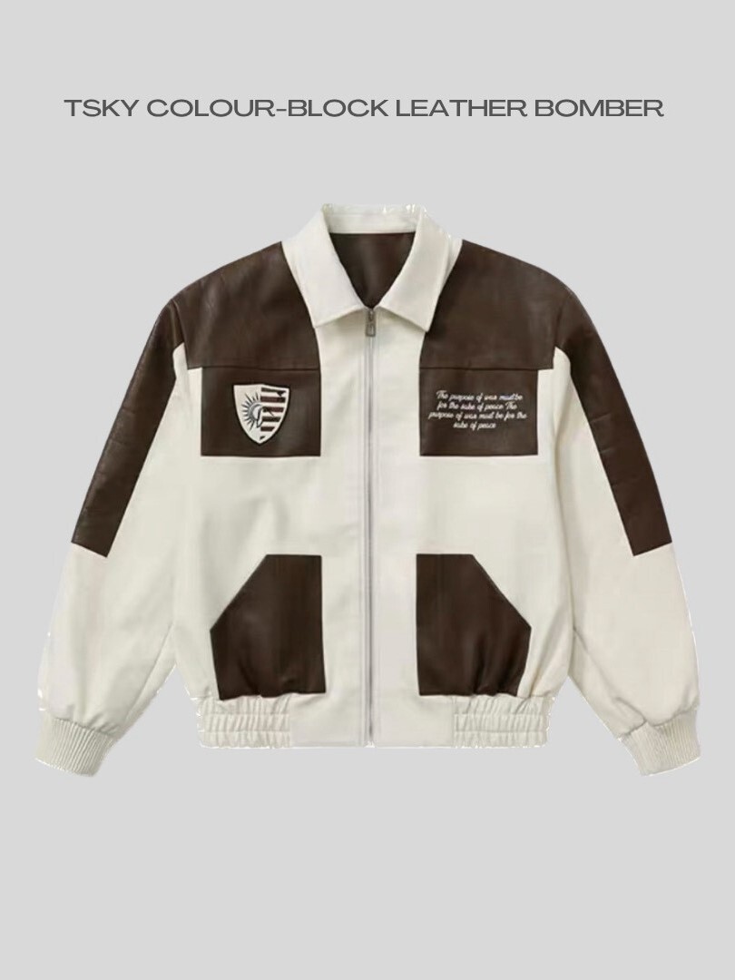 TSKY Anti-War Retro Color Block Leather Flight Jacket