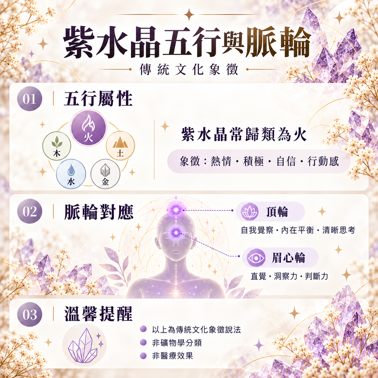 天然紫水晶五行與脈輪介紹｜紫水晶五行屬火，象徵熱情、自信與行動感