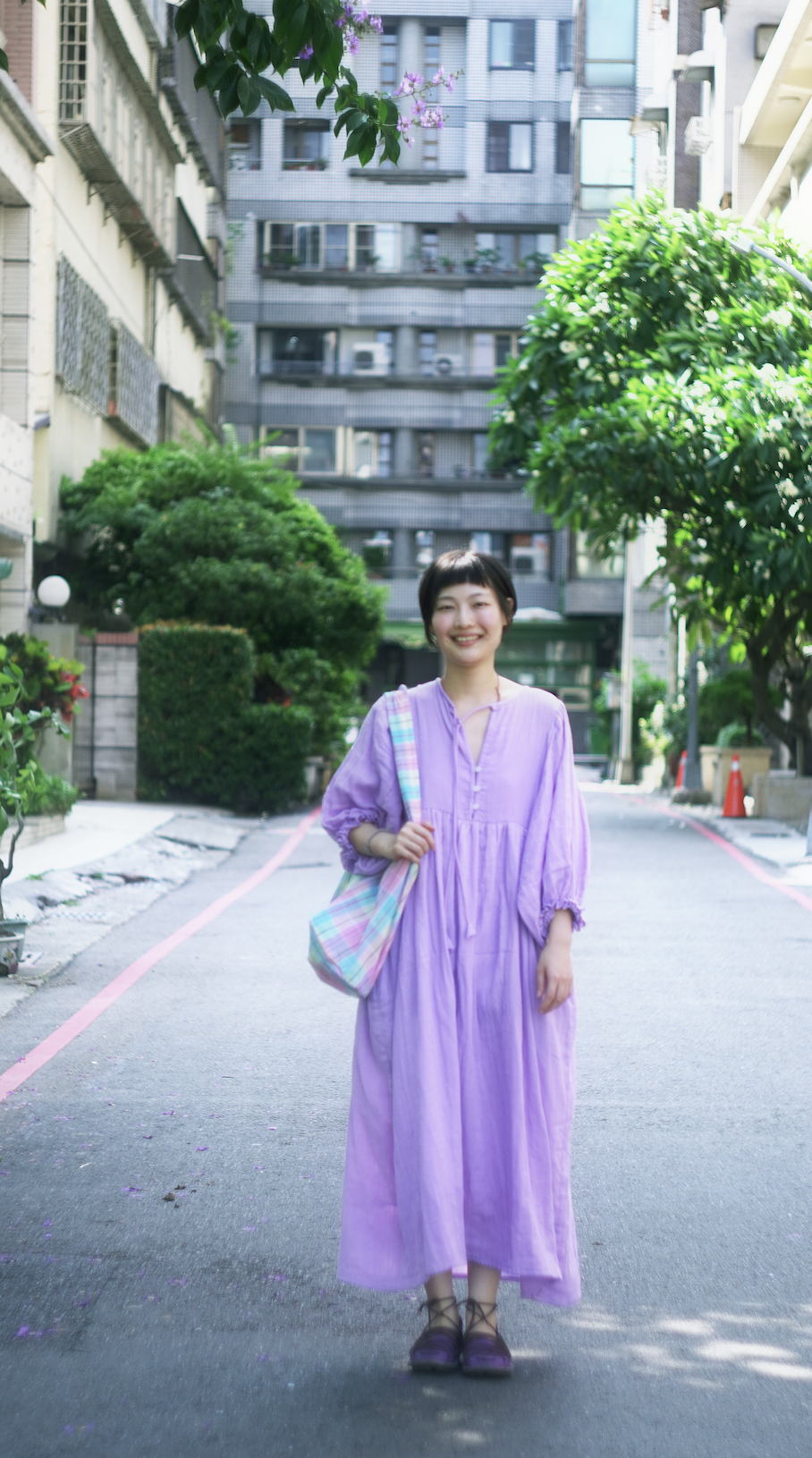 【預購】澎袖扣子長洋裝_紫