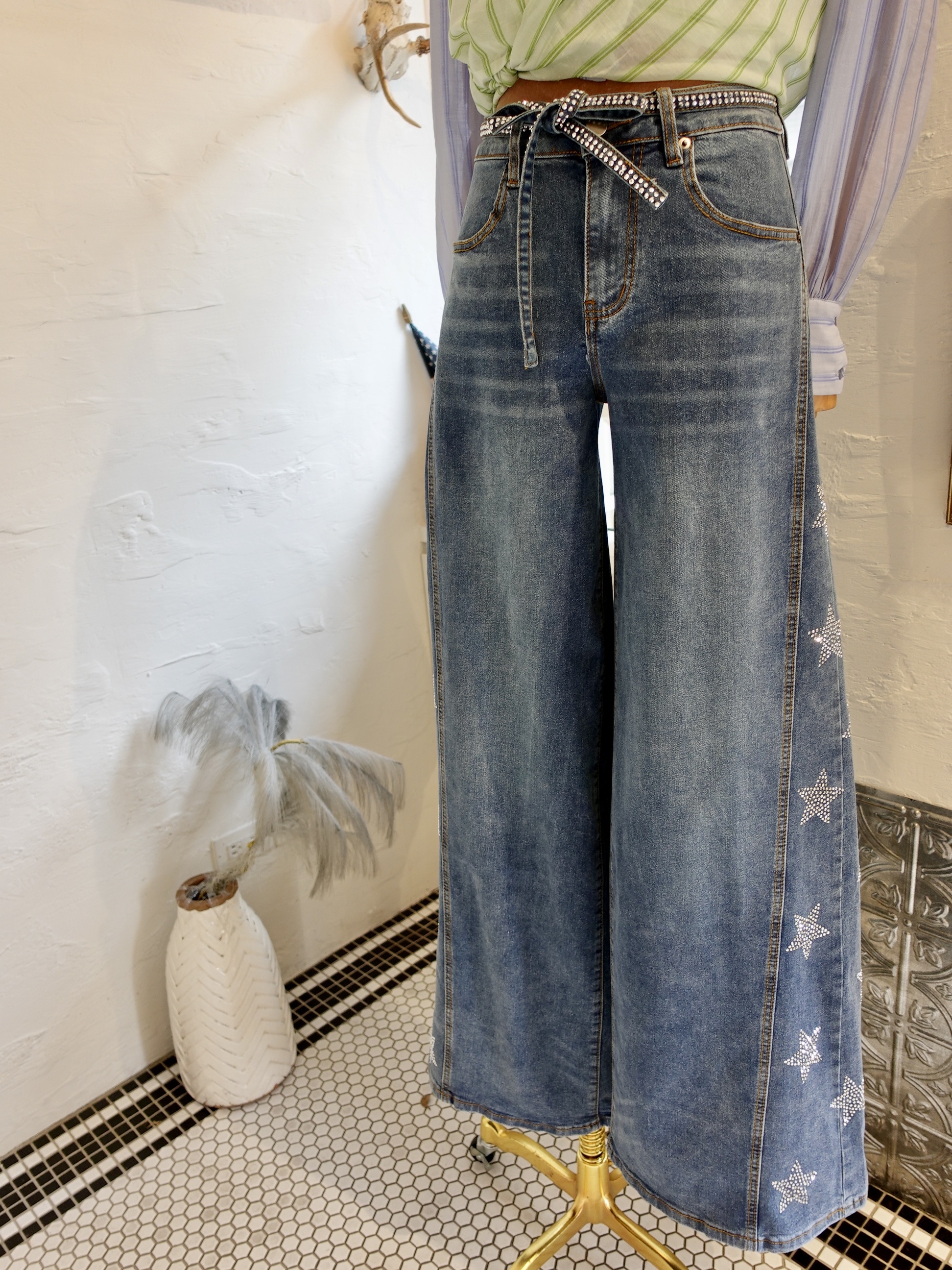 Stars Denim單寧藍色水鑽腰飾帶星星牛仔長褲