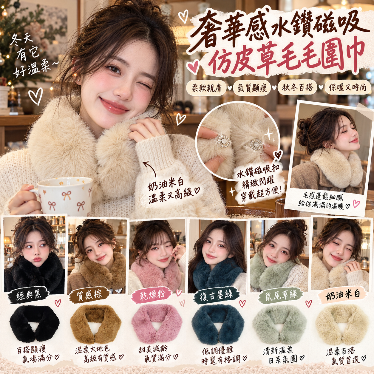 【預購】JM100607 奢華感水鑽磁吸仿皮草毛毛圍巾