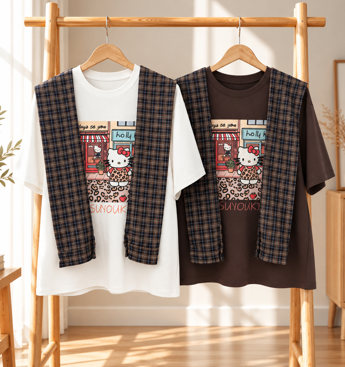 SHORT SLEEVE HELLO KITTY LONG TEE WITH DETACHABLE CHEKCED SCARF