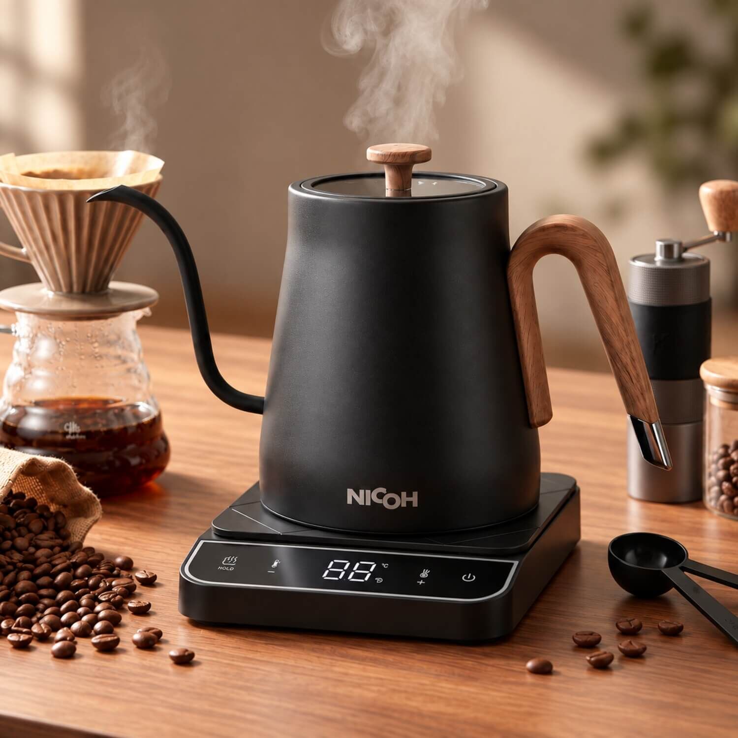溫控手沖壺｜日本NICOH 0.8L 鶴嘴電熱水壺316不鏽鋼｜HOFFE COFFEE