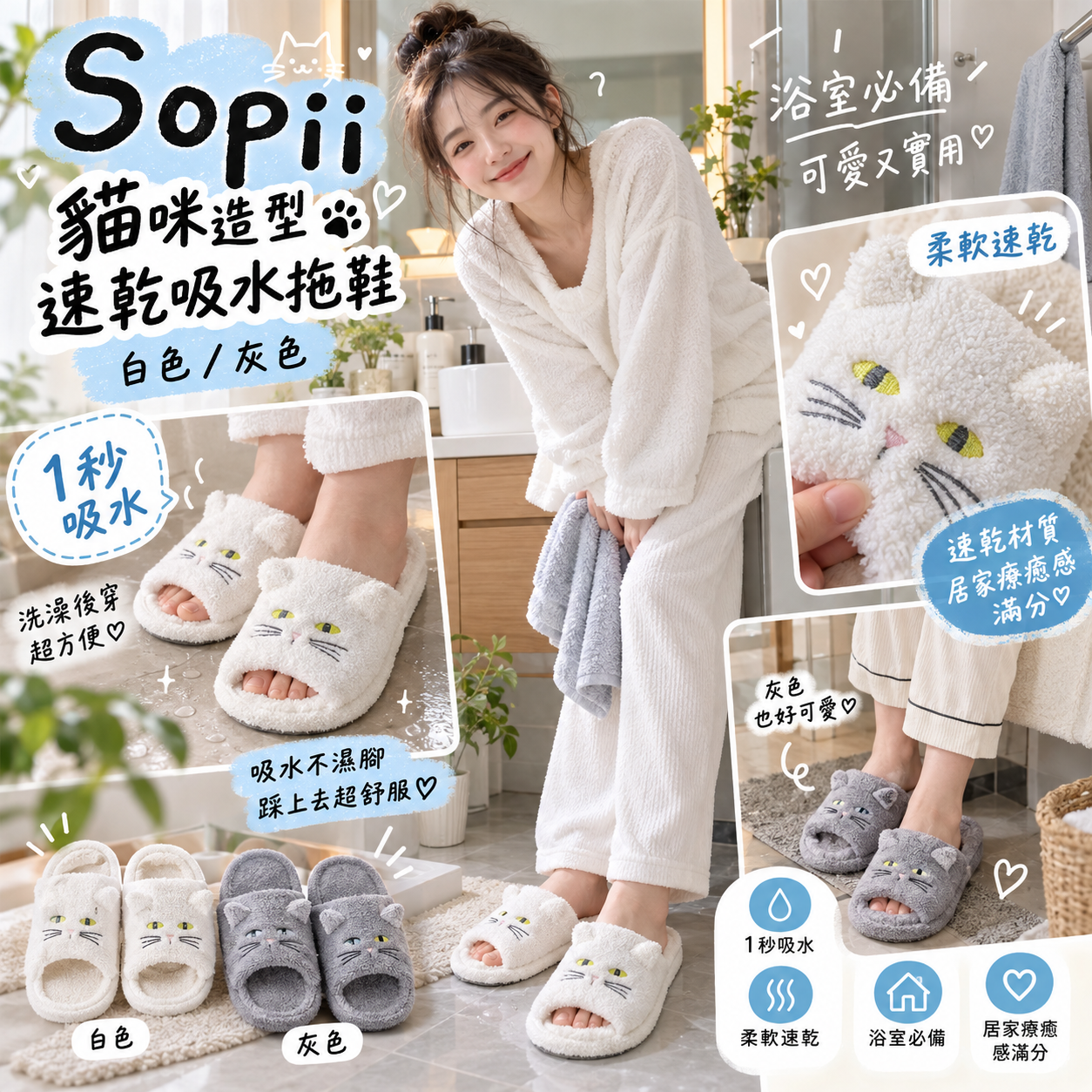 【預購】JM100610 Sopii 貓咪造型速乾吸水拖鞋
