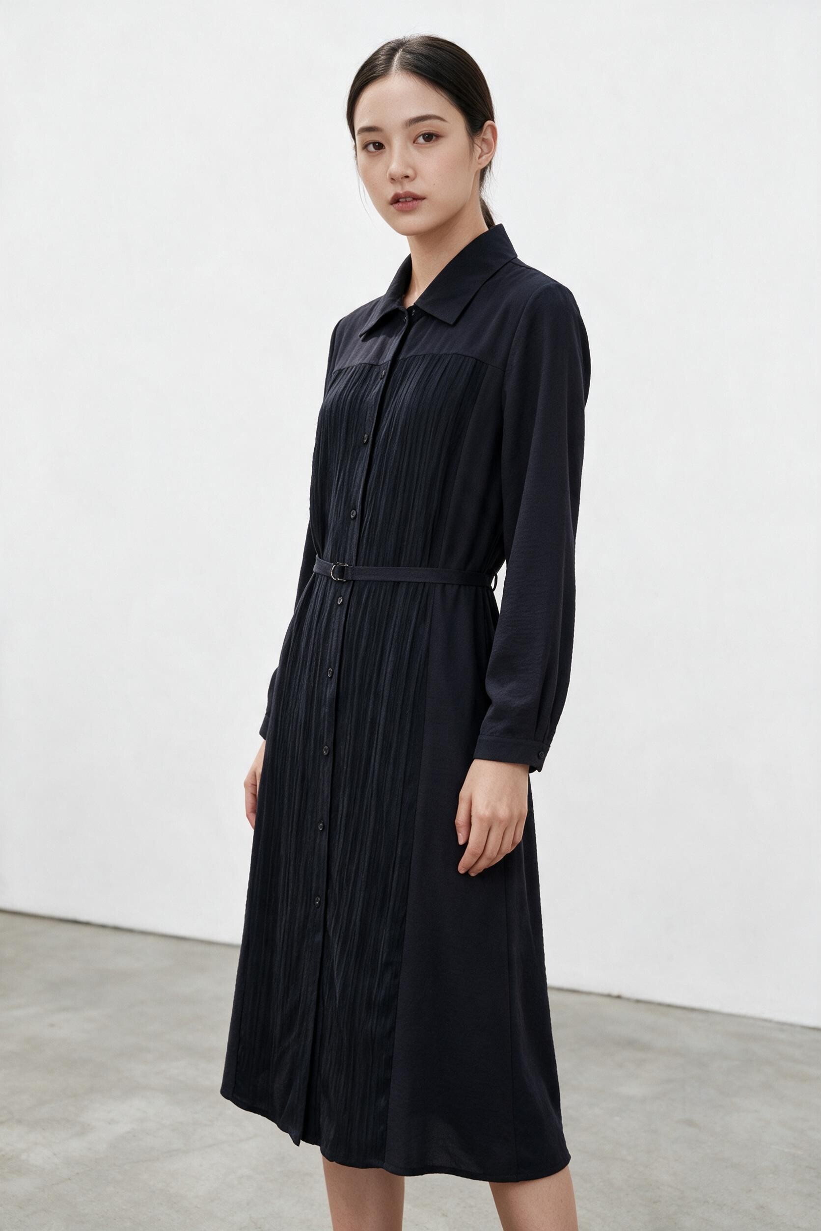 Tailored Collar Button-Up Shirt Dress with Tie Waist OP0356