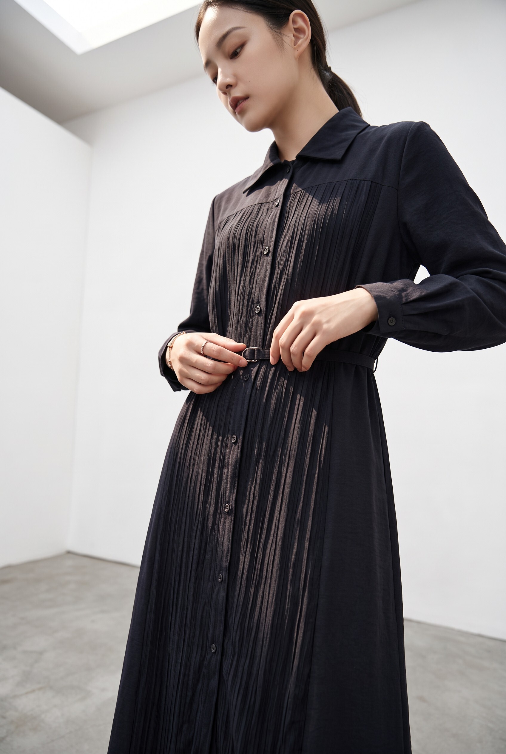 Tailored Collar Button-Up Shirt Dress with Tie Waist OP0356