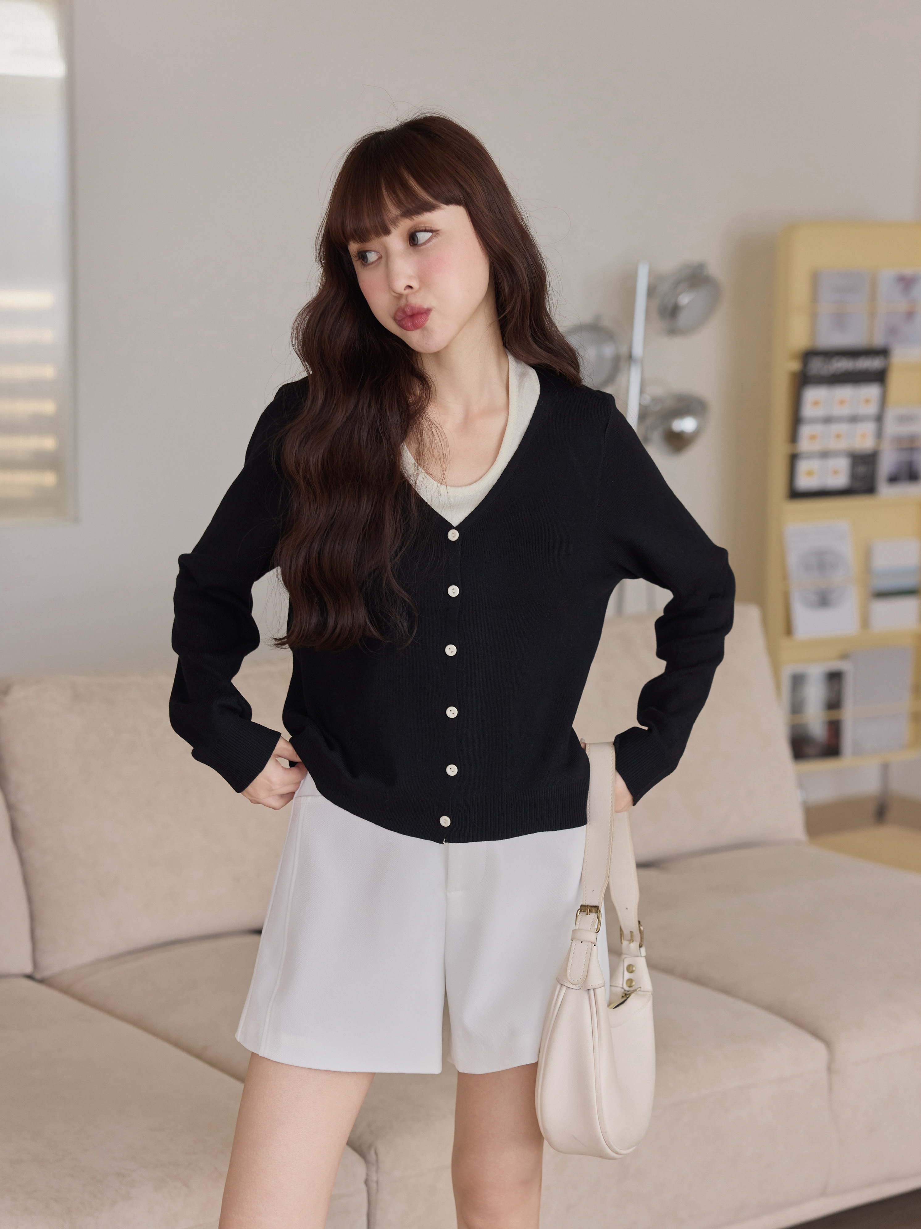 Layered-Look Halter Neck Button-Front Knit Top