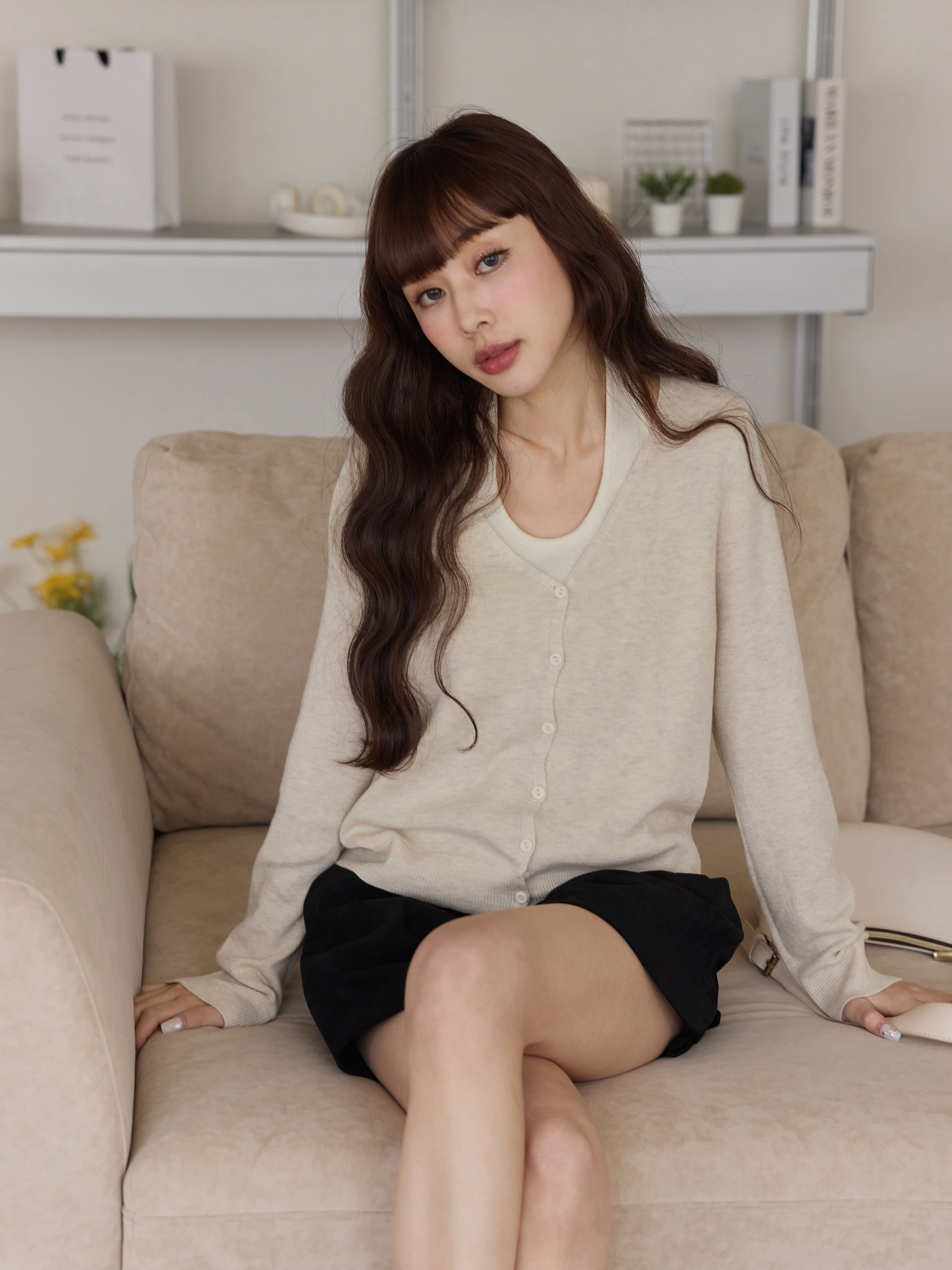 Layered-Look Halter Neck Button-Front Knit Top
