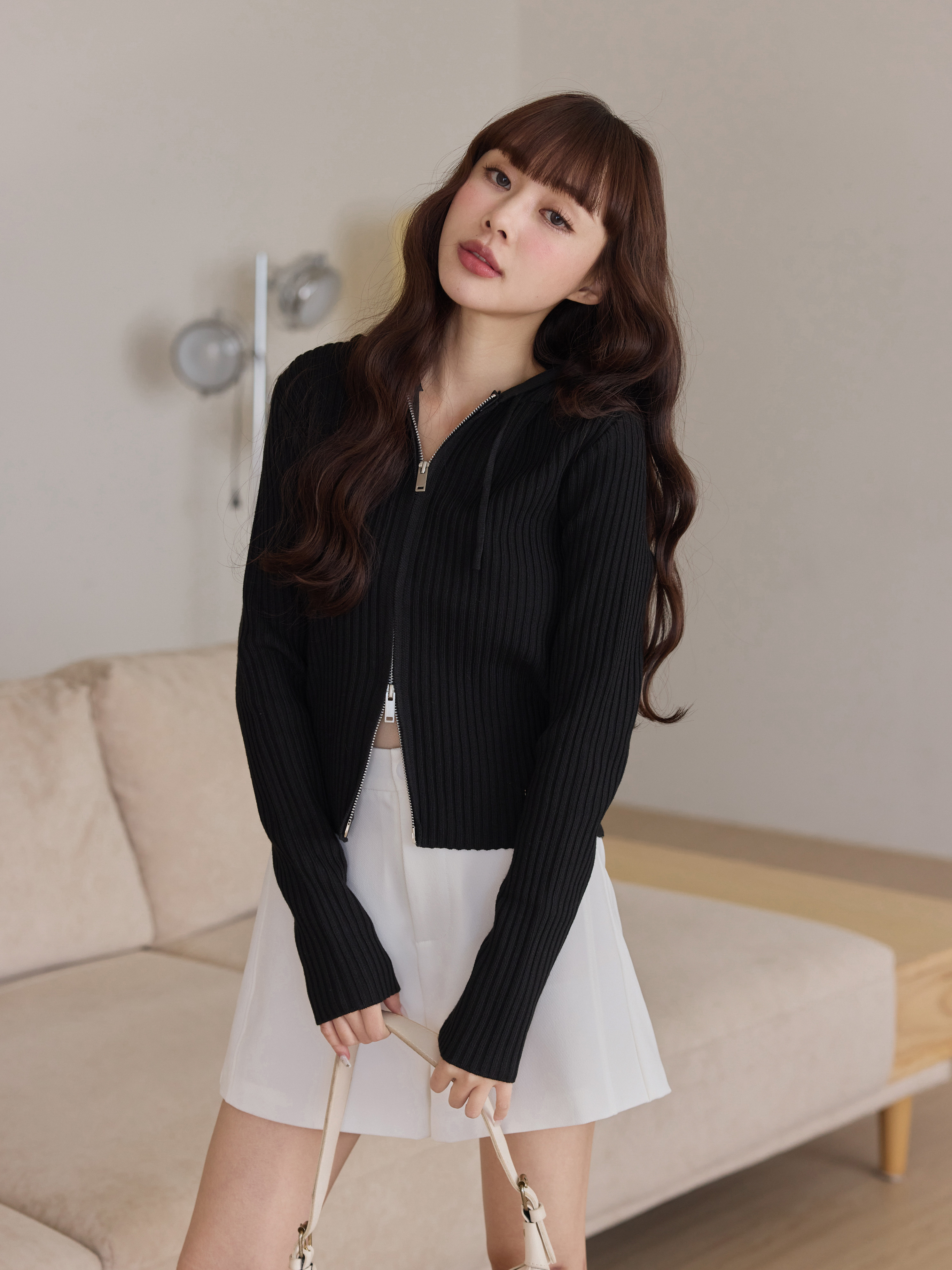 Hooded Double-Zip Slimming Knit Top