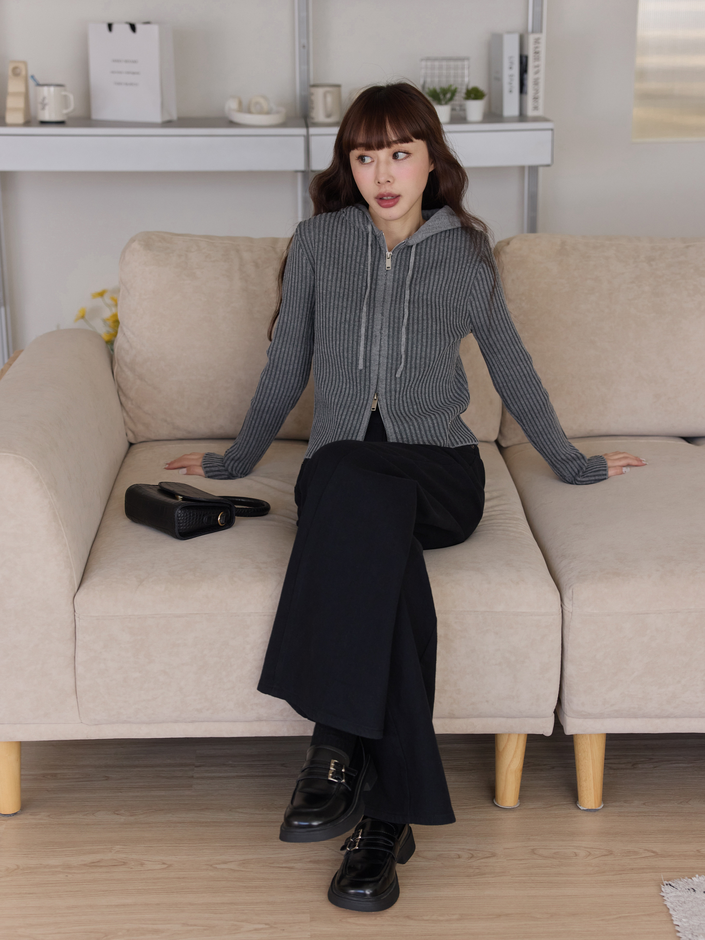 Hooded Double-Zip Slimming Knit Top