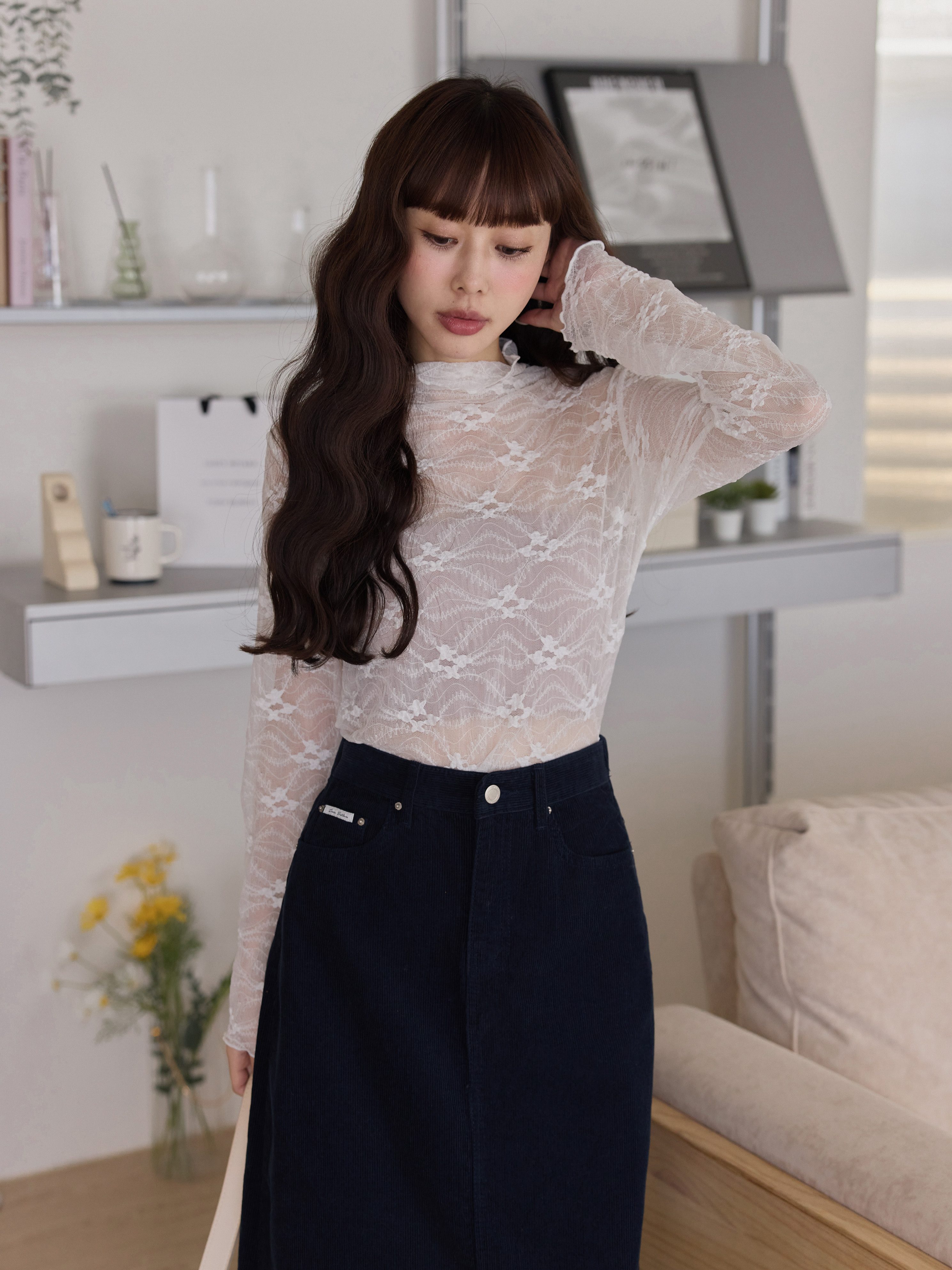 Semi-Sheer Floral Embossed Mock Neck Top